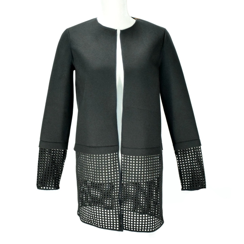 T. Tahari Black Laser Cut Long Open Scuba Jacket
